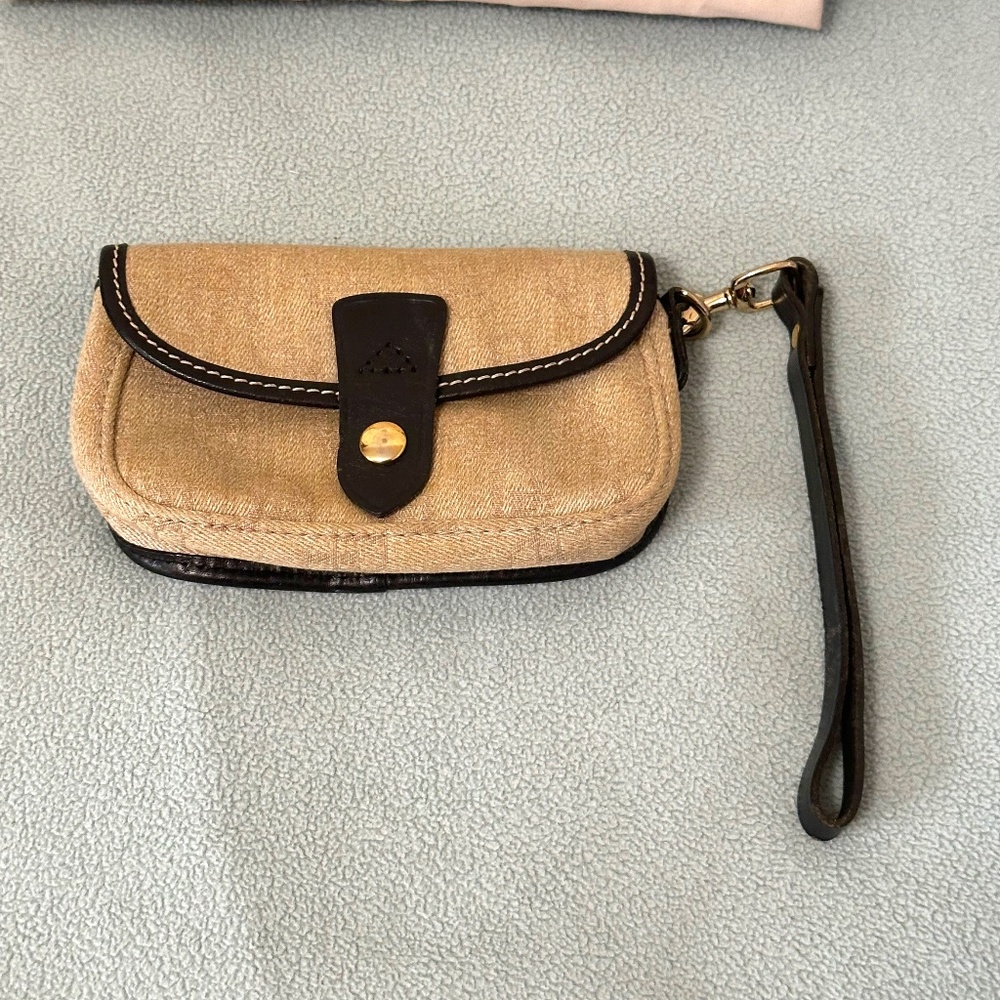Dooney & Bourke DB Logo Wristlet Tan Canvas Leather Trim Snap Pouch USA Vintage